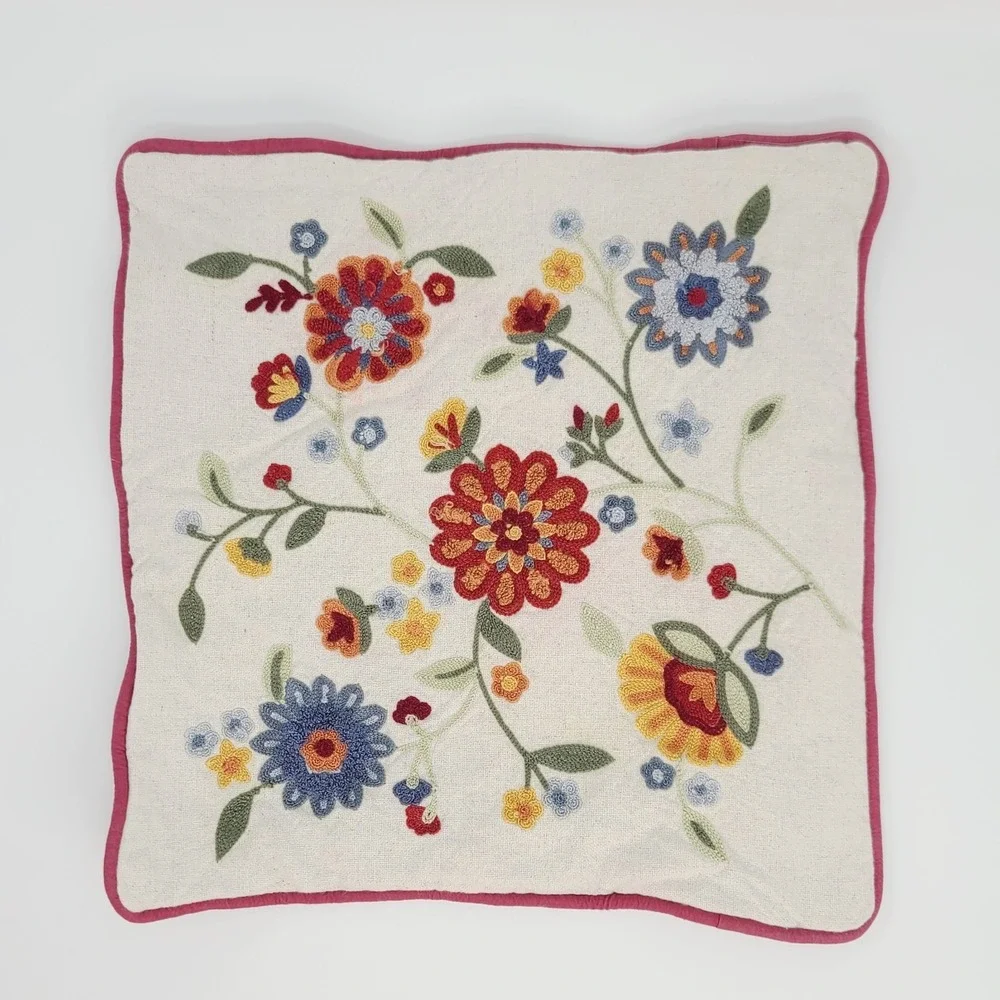 Pier 1 Floral Embroidered Throw Pillow Cover 13x13 Pink Boho Cottagecore
